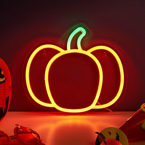 Halloween pumpkin neon sign night light, USB powered with orange glow, wall-mounted decor for kids room and play spaces | Family Wall Decor