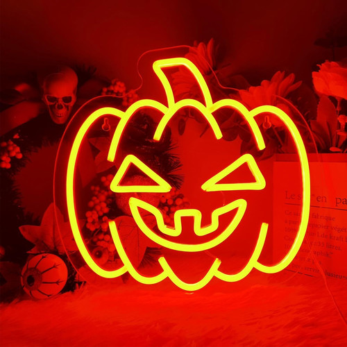 Halloween pumpkin neon sign with dimmable switch, orange LED glow on acrylic backing for autumn and Halloween wall decor | Familywalldecor