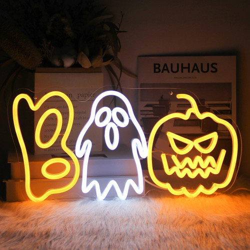 Halloween pumpkin and ghost neon sign LED light for bedroom or bar decor, orange and white glow, wall-mounted on clear backing | Family Wall Decor