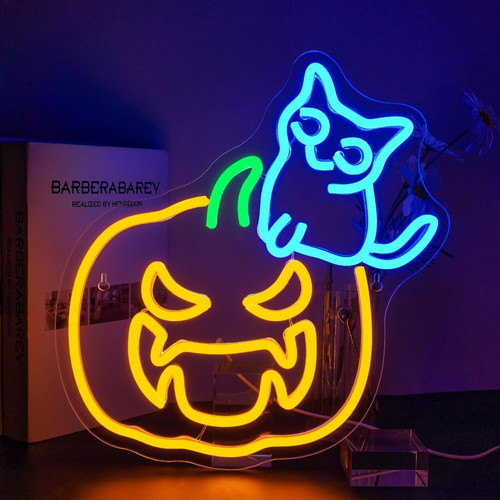 Halloween pumpkin neon sign wall light, USB powered with adjustable brightness, orange glow for festive living room decor | Familywalldecor