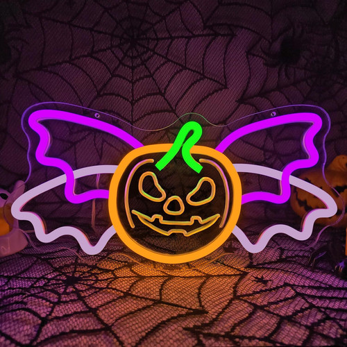 Halloween pumpkin neon sign LED light with bat wings, dimmable wall decor for party backdrops, warm orange glow, wall-mounted | Familywalldecor