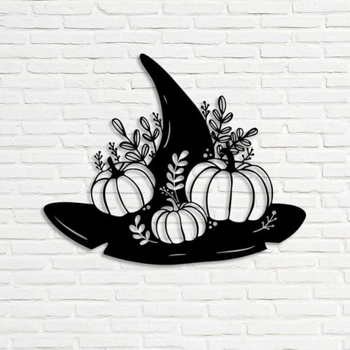 Halloween pumpkin witch hat metal wall art with custom name, personalized decor for spooky season entryway or porch. | Familywalldecor