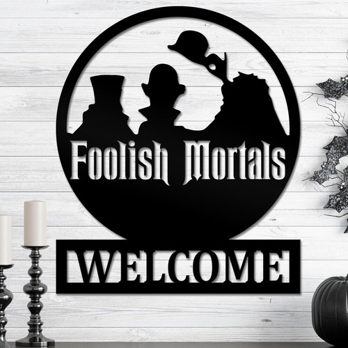 Halloween welcome metal sign with haunted mansion and ghosts, laser-cut steel yard art for outdoor wall or garden fence. | Familywalldecor