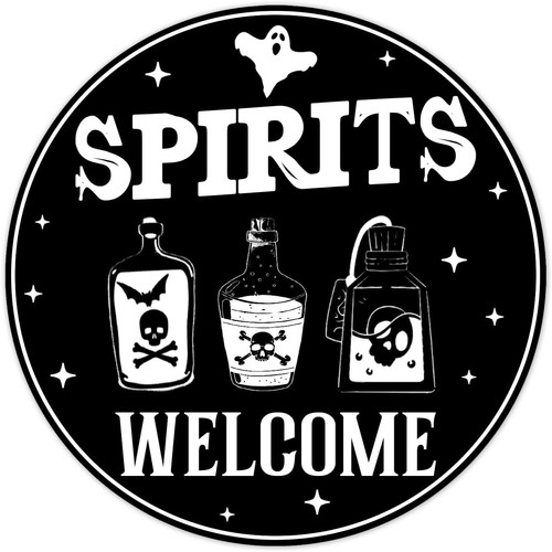 Spooky Halloween metal welcome sign with ghost and pumpkin motif, ideal for front door entryway decor in homes or cozy cafes | Familywalldecor