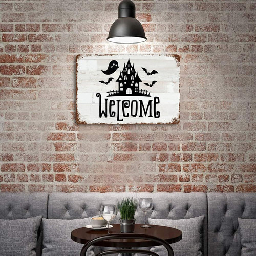 Vintage Halloween metal welcome sign, retro wall decor for couples; rustic entryway decor and Christmas or Thanksgiving gift | Familywalldecor