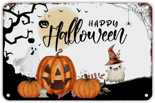 Halloween pumpkin ghost tin sign, vintage distressed metal wall art with 'Welcome' text for front door or entryway decor | Familywalldecor
