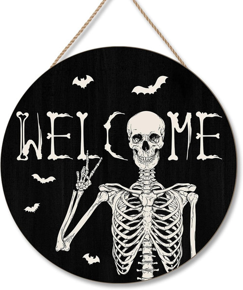 Rustic Halloween skull welcome sign for outdoor doors, distressed wood round hanger with bats and cobwebs for porch decor | Familywalldecor