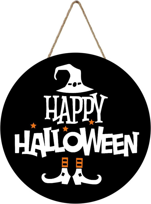 Halloween welcome wooden sign with witch legs and Happy Halloween text, hanging front door decor for a festive seasonal entry | Familywalldecor