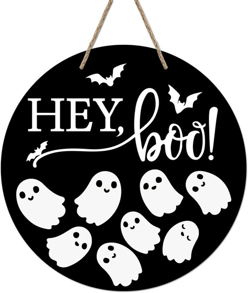 Halloween welcome wood sign for front door, spooky wreath-style hanging decor with bats and spiderwebs for outdoor entryway | Familywalldecor