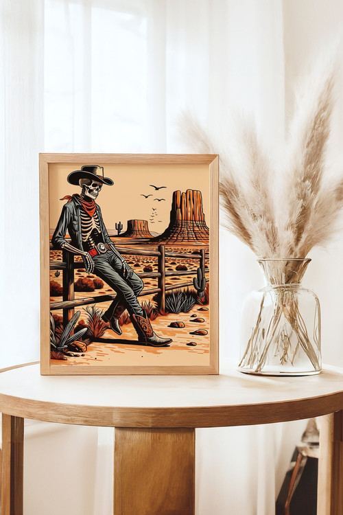 Retro skeleton cowboy canvas wall art featuring a skull in a cowboy hat; unique Wild West decor for living room gallery walls. | Family Wall Decor