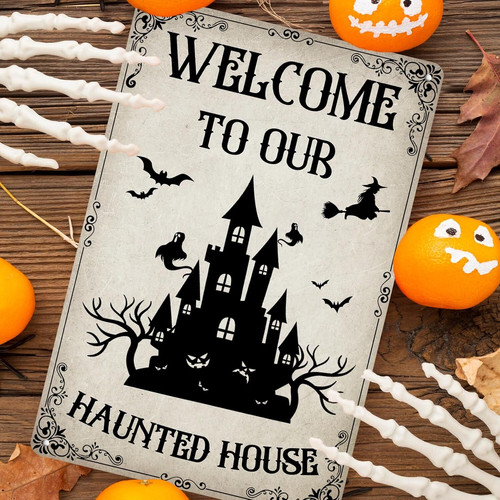 Halloween haunted house vintage metal sign with witch and ghost accents, rustic wall decor for home or cafe kitchen | Familywalldecor