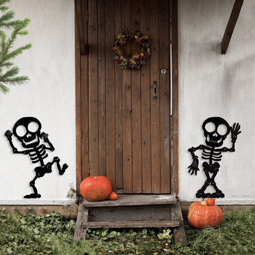 Gothic skeleton Halloween metal sign for outdoor decor, laser-cut black steel hanging plaque for front door or garden | Familywalldecor