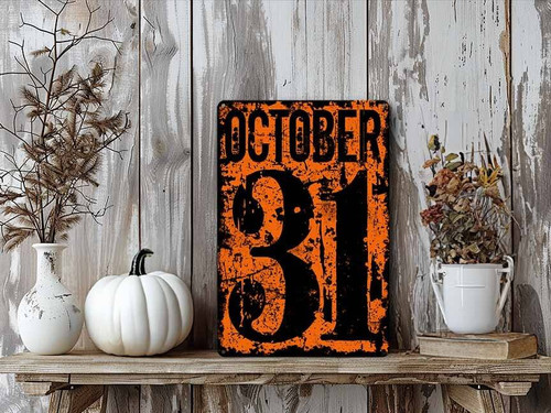 Halloween metal sign with distressed October 31 text for porch or indoor wall decor, modern farmhouse industrial look | Familywalldecor