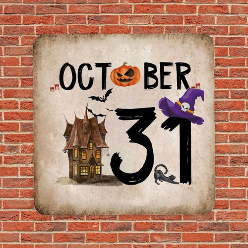 Halloween metal sign with October 31 design, vintage style wall decor for home bar, patio seating area, or rustic man cave | Familywalldecor