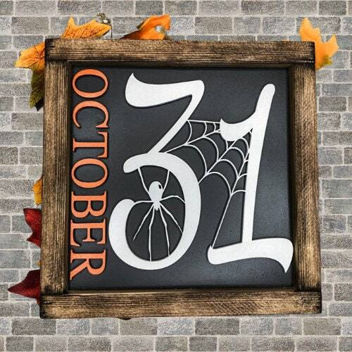 Halloween wood sign with 3D October 31 and spooky spider design, rustic wood grain, perfect indoor wall or mantel decor | Family Wall Decor