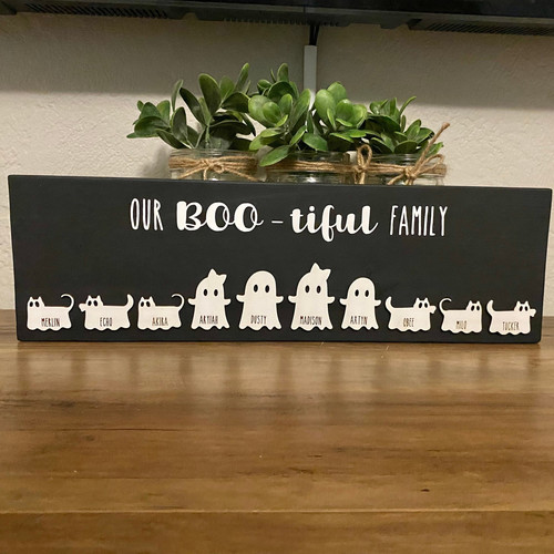 Halloween ghost family wooden sign with Our Bootiful Family text and cute ghosts, personalized with names; mantel decor. | Family Wall Decor