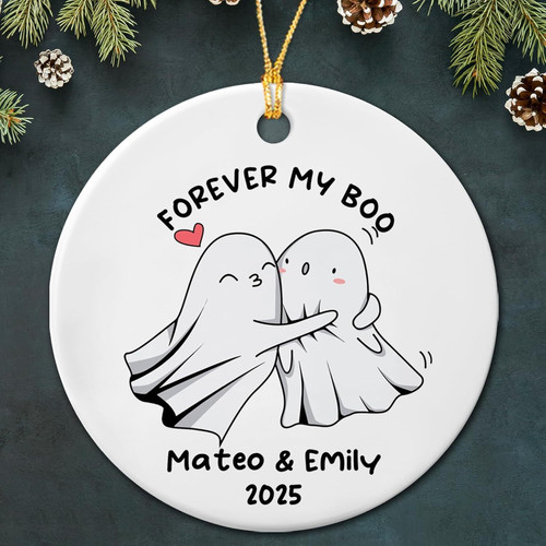 Forever My Boo ceramic ornament, personalized ghost couple with names and 2025 date, round tree decor gift for boyfriend | Familywalldecor