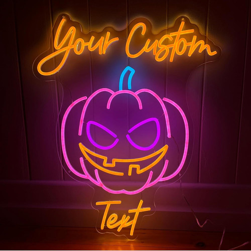 Pumpkin-themed LED neon sign for Halloween, glowing jack-o'-lantern wall decor in orange light, perfect for party backdrops | Family Wall Decor
