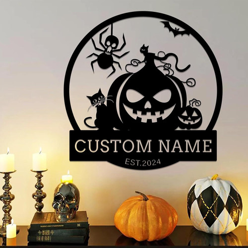 Halloween pumpkin metal sign with spider webs and ghosts, personalized family name, perfect for front porch door decor | Familywalldecor