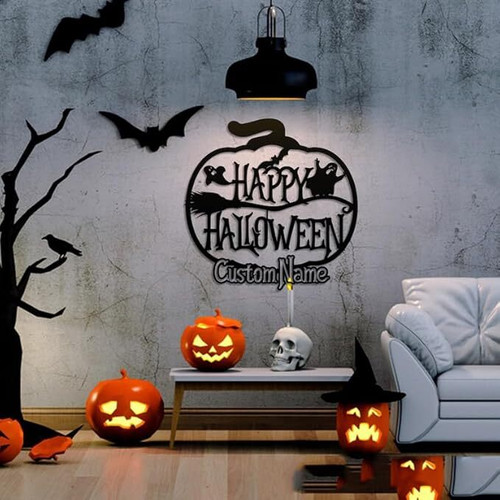 Halloween pumpkin custom metal sign, personalized with family name, matte black wall decor for front porch entryway in fall. | Familywalldecor
