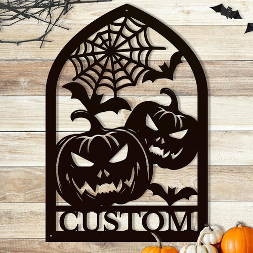 Halloween pumpkin metal wall sign for outdoor decor, personalized with family name; black, weatherproof, porch hanging | Familywalldecor