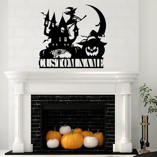 Halloween metal sign with pumpkin witch silhouette, black cat and spider webs, personalized family name wall decor | Familywalldecor