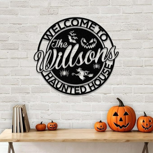Spooky haunted house sign personalized with family name, Halloween wall decor for home entryway, custom family gift | Familywalldecor