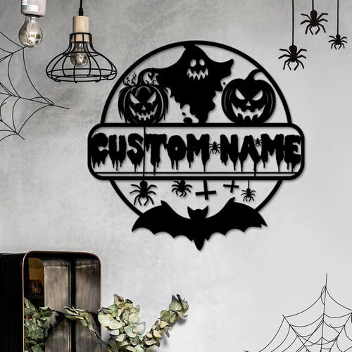 Pumpkin Halloween metal sign for outdoor decor featuring a haunted house and ghost motif, custom yard art for patio and garden | Familywalldecor