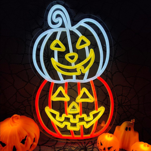 Halloween pumpkin LED neon sign with orange glow, custom name option, perfect for bedroom wall and spooky party decoration | Family Wall Decor