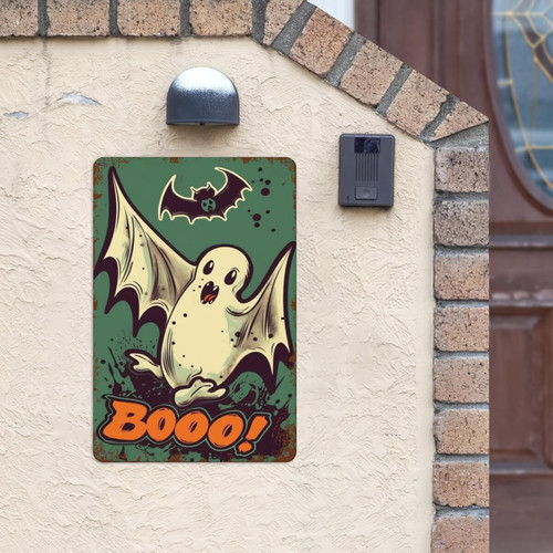 Retro ghost Halloween metal sign with vintage lettering in orange and black, weathered finish for porch or entryway | Familywalldecor