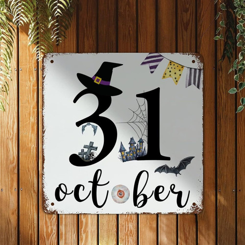 Retro Halloween gnome witch metal sign for October 31 decor; vintage wall art for bedroom or office, featuring gnome witches | Familywalldecor