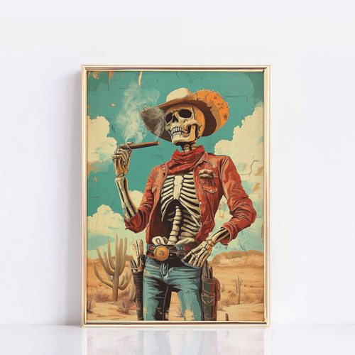 Skeleton cowboy canvas art in vintage western style, sepia tones and desert cacti, portrait decor for eclectic living rooms | Family Wall Decor