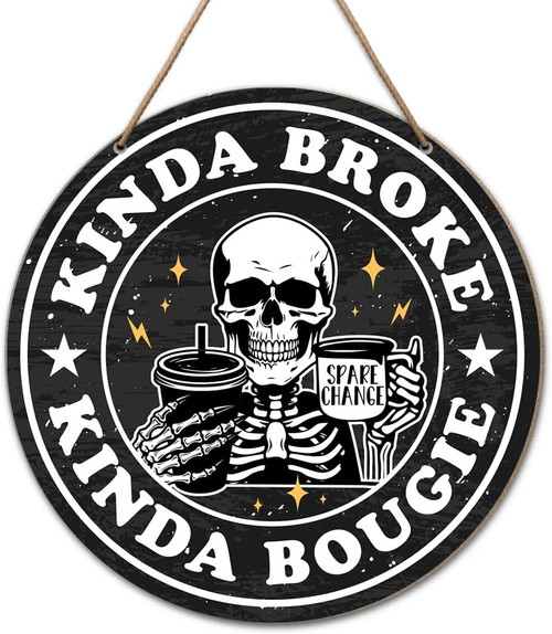 Gothic skeleton sarcastic round wooden sign with distressed black finish and jute hanger for kitchen wall Halloween decor | Familywalldecor