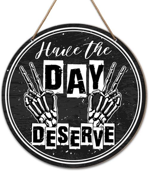 Skeleton peace sign wood sign in black and white, motivational home office wall decor bringing humor to your workspace | Familywalldecor