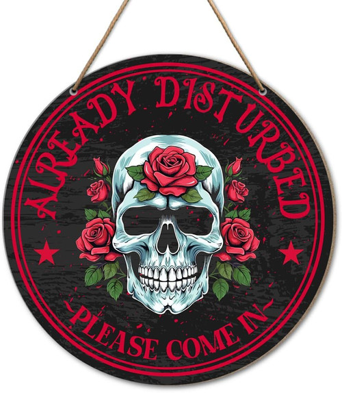 Skeleton-themed gothic welcome wood sign with laser-engraved skulls, quirky porch decor for front door or home office wall | Familywalldecor