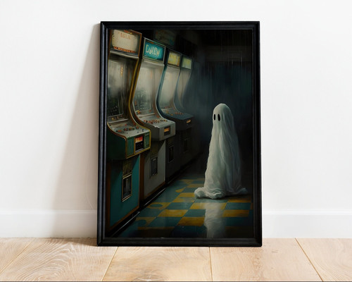 Cute ghost in abandoned arcade canvas wall art, gothic Halloween style, retro cabinets, neon glow for bathroom decor | Family Wall Decor DE