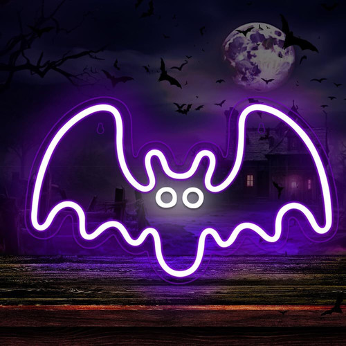 Halloween trick-or-treat bat neon light decor for indoor home parties, glowing wall accent for living room or entryway | Family Wall Decor