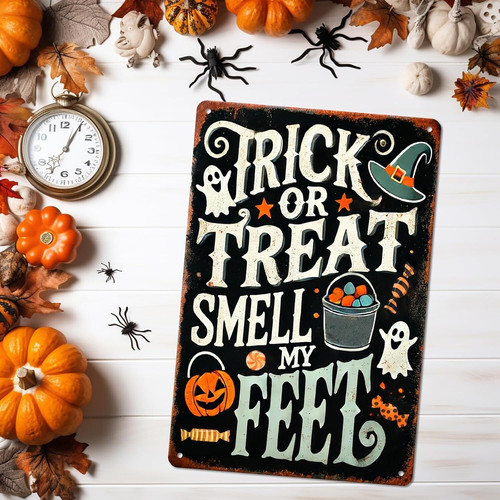Trick or Treat Halloween metal sign, rustic farmhouse wall art for spooky seasonal decor in entryway, hallway, or living room | Familywalldecor