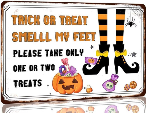Retro Trick or Treat metal sign for Halloween porch decor, vintage candy station front door plaque in orange and black | Familywalldecor