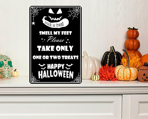 Gothic Trick or Treat metal sign for indoor outdoor Halloween decor, bold wall accent for a garage entry or workshop space. | Familywalldecor