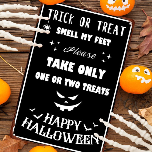 Trick or Treat vintage metal sign with witch and pumpkin, personalized with family name, Halloween decor for entryway | Familywalldecor