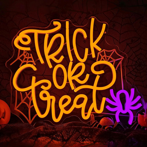 Trick or Treat spider neon sign, dimmable LED wall decor for Halloween parties and home bar ambiance, spooky modern accent. | Family Wall Decor