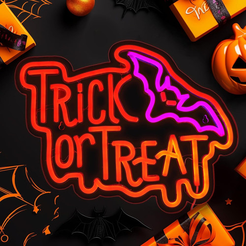 Halloween Trick or Treat neon sign, adjustable brightness, battery or USB powered indoor wall decor for party ambiance | Familywalldecor
