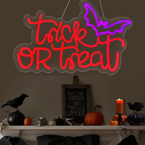 Halloween Trick Or Treat LED neon sign for kids room wall decor, USB powered dimmable window light for party backdrops | Familywalldecor