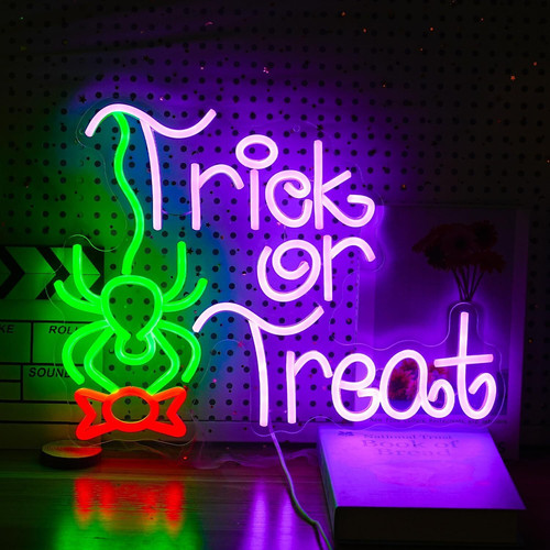 Trick or Treat spider Halloween neon sign LED light with funny spider motif, glowing wall decor for spooky party gatherings | Family Wall Decor