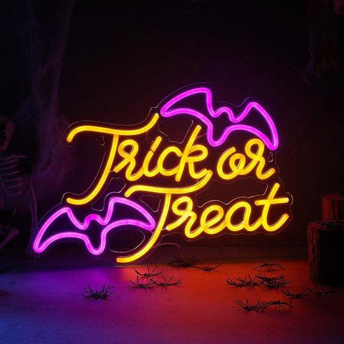 Gothic Trick Or Treat neon sign, USB-powered LED wall decor for Halloween party backdrops, bright script adds eerie glow | Familywalldecor