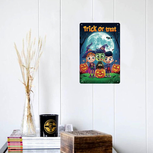 Halloween trick-or-treat metal sign, vintage little monsters for garden fence, weathered black-orange finish, landscape mount | Familywalldecor