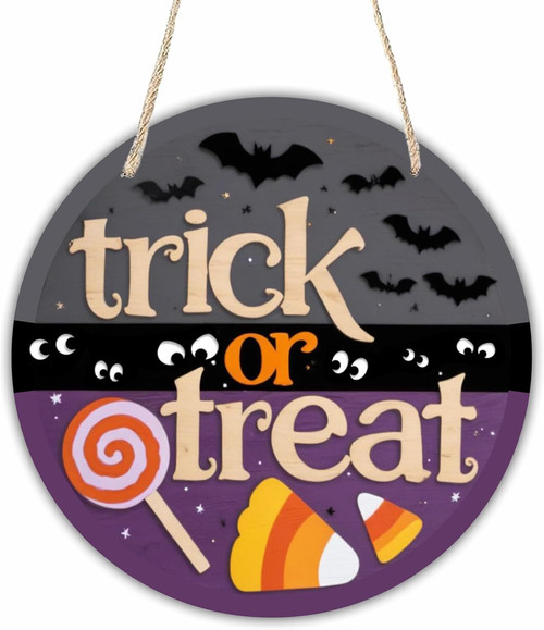 Trick or Treat Halloween wood sign with watercolor bat silhouettes, indoor welcome plaque for entry decor, natural wood grain | Familywalldecor