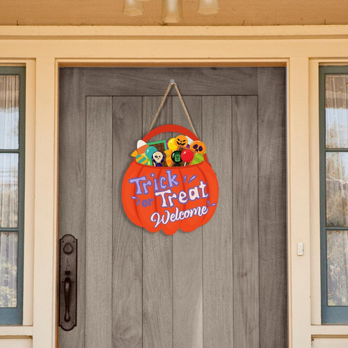 Halloween Trick or Treat wooden sign, rustic finish, black and orange lettering with bats and pumpkins for front door decor | Family Wall Decor