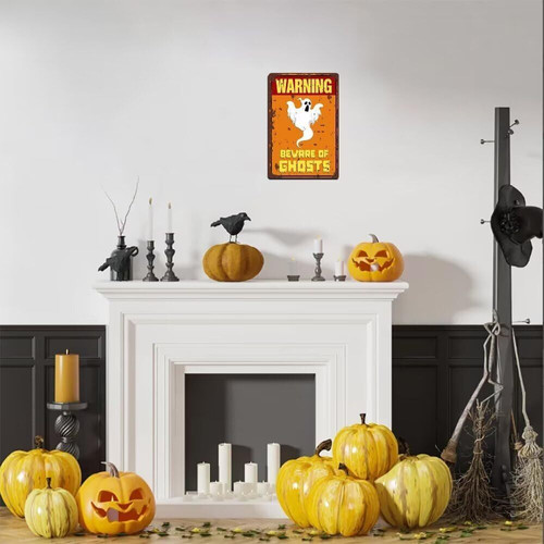 Spooky vintage ghost Halloween metal sign for party decor, retro wall art for home or bar with distressed finish | Familywalldecor